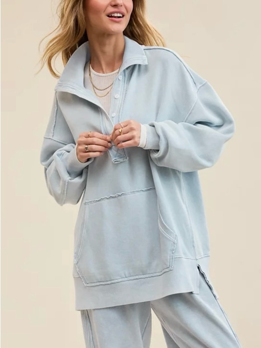 NWT Aerie Vintage Popover Polo Sweatshirt Cloud Wash Blue 2XL XXL Oversized